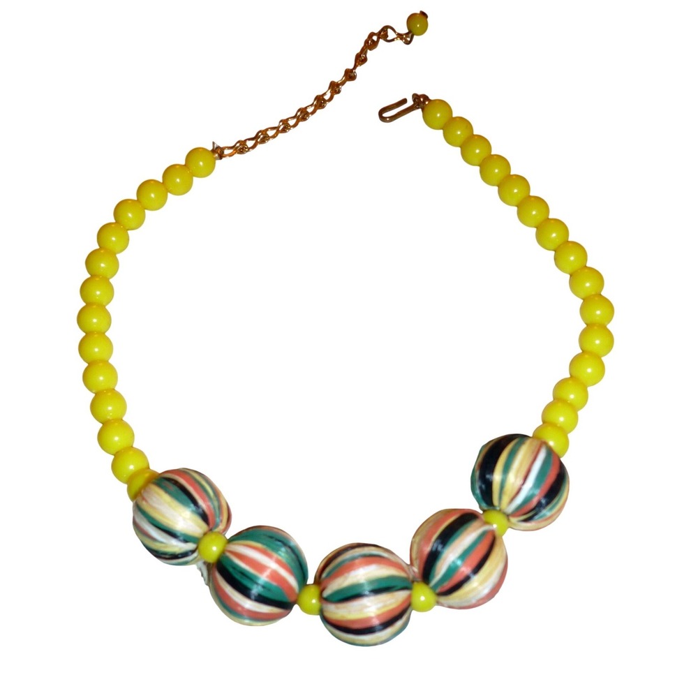 Vintage Yellow Bead Raffia Wrapped Statement Choker Necklace Multi-Color Boho